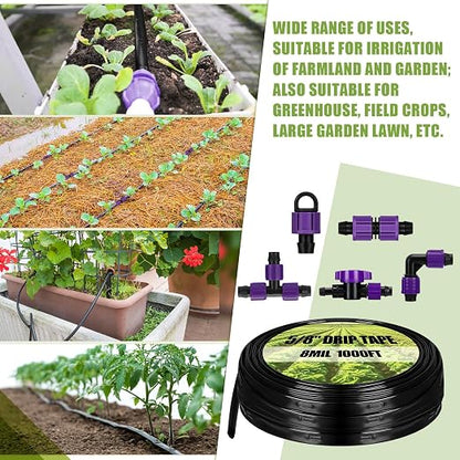 Tondiamo 1000' 5/8 Inch Drip Tape Irrigation Tubing Kit 8 Mil 6" Spacing Garden Hose Watering Tube Line Automatic Equipment for Garden Irrigation System Farms, Landscape, Lawn