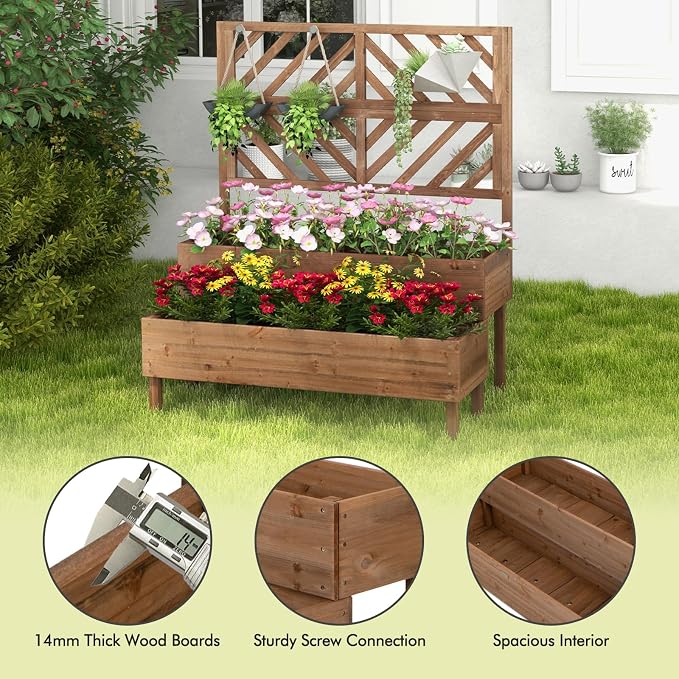 ORALNER Raised Garden Bed with Trellis, 43” x 24.5” x 53” Outdoor 2-Tier Wooden Planter Box with Drainage Holes, Elevated Garden Trellis Planter for Vine Flower Herb Fruit Vegetable (Brown)