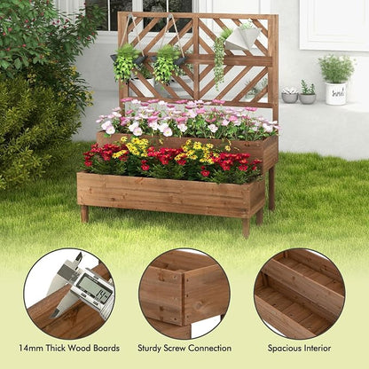 ORALNER Raised Garden Bed with Trellis, 43” x 24.5” x 53” Outdoor 2-Tier Wooden Planter Box with Drainage Holes, Elevated Garden Trellis Planter for Vine Flower Herb Fruit Vegetable (Brown)