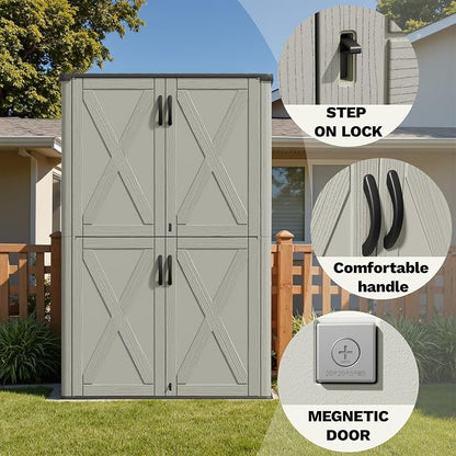 Devoko 50 Cu Ft Plastic Outdoor Storage Cabinet, Beige | Vertical Resin Storage Shed with Lockable Door, Waterproof Shed for Patio Furniture Pool Toy, Garden Tool, Shelf Not Included