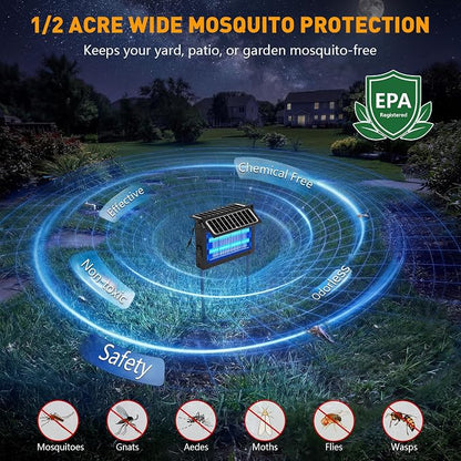 Solar Bug Zapper Outdoor, 4500V Solar Mosquito Zapper with Dual Solar Panels, 1/2 Acre Coverage Cordless Rechargeable Electric Fly Zapper, IPX5 Waterproof Mosquito Traps for Backyard, Patio, Camping