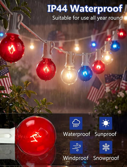 4th of July Decorations String Lights, 25Ft Outdoor Patio String Lights with 27 G40 Red White and Blue Light Bulbs(2 Spare), Independence Day Lights for Patriotic Party Garden Festival Decor- White