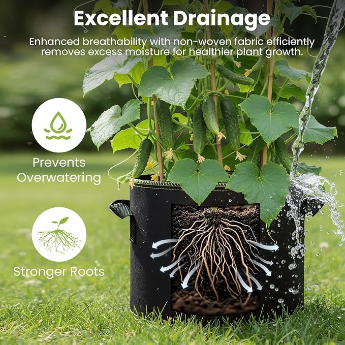 MEKOLIFE Fabric Grow Bags（5 Gallon 6Pack）, Thickened Aeration Planter Bags with Handles Plant Tags Seedling Bags for Outdoor Indoor Vegetable Garden, Black