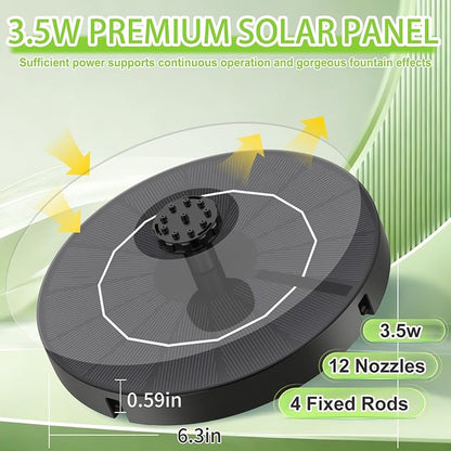 3.5W Solar Fountain Pump, Solar Bird Bath Fountain with 6 Green & 6 Black Nozzles, Solar Water Pump for Outdoor Garden Patio Small Pond Fish Tank Landscape Decoration
