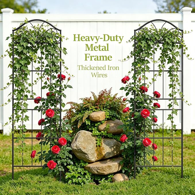 VOXOR Metal Trellis for Climbing Plants Outdoor, 70 * 19.7 Inch Tall Garden Trellis with Black Rustproof Coating, Decorative Rose Trellis for Climbing Roses, Vines, and Flowers, 2 Pack
