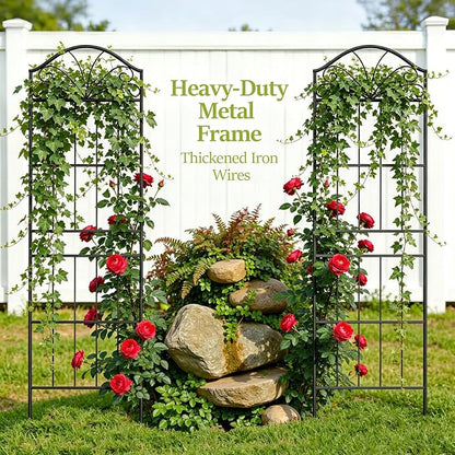 VOXOR Metal Trellis for Climbing Plants Outdoor, 70 * 19.7 Inch Tall Garden Trellis with Black Rustproof Coating, Decorative Rose Trellis for Climbing Roses, Vines, and Flowers, 2 Pack