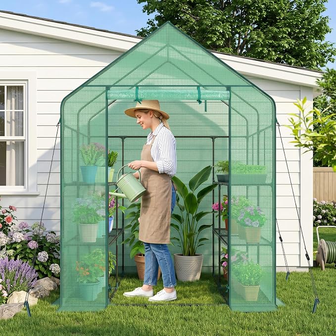 Ohuhu Greenhouse for Outdoors with Screen Windows, 57 x 57 x 76'' Walk in Plant Greenhouses Heavy Duty with Durable PE Cover, 3 Tiers 12 Shelves Stands Plastic Portable Green House with Shelf Clips