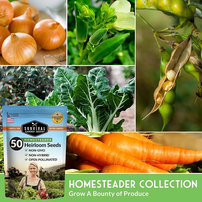 Homesteader 50 Pack Seed Vault for Planting Victory Gardens | Non-GMO Heirloom Vegetable, Fruit, Herb Seeds to Grow Food for Storage, Emergency Preparedness - Survival Garden Seeds