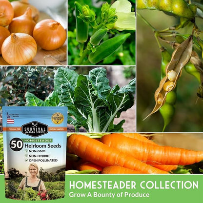 Homesteader 50 Pack Seed Vault for Planting Victory Gardens | Non-GMO Heirloom Vegetable, Fruit, Herb Seeds to Grow Food for Storage, Emergency Preparedness - Survival Garden Seeds