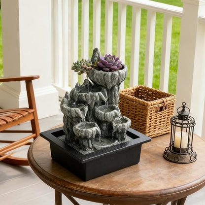 Indoor Cave Rock Waterfall Fountain with Warm Light,Tabletop Fountain with Planter Niche, Zen Water Feature for Home Office Desk Decor