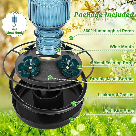 FEED GARDEN Glass Hummingbird Feeder for Outdoors Hanging, 16 oz Leak-Proof Nectar Feeder with Bee Guards & Ant Moat, 4 Metal Flower Feeding Ports, 360° Perch Ring, Easy Refill & Clean, Blue