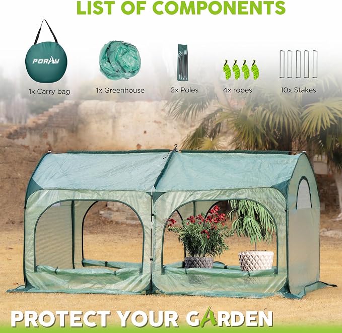 Pop up Greenhouse Tent Cover Tunnel Plant House,Large Gardening Flower Sunshine Room with Mesh Windows,Backyard PE Cover for Cold Frost Protector with Stakes and Rope Guys