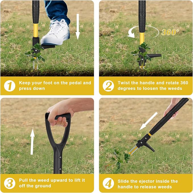 Gbekery 39" Stand Up Weed Puller Tool - Heavy Duty Detachable 3-Claw Weeder with Ergonomic Long D-Handle | Tools for Effortless Garden Weed Removal (Dandelions, Thistles & More)