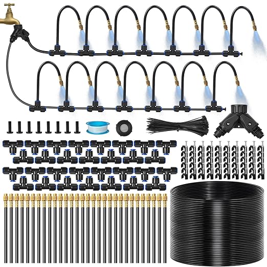 140Ft 1/4" Drip Irrigation System for Garden – 30 Adjustable Copper Nozzles, Automatic Atomizing Sprinkler System for Outdoor Plants Raised Bed, Yard, Potted Plants & Lawn
