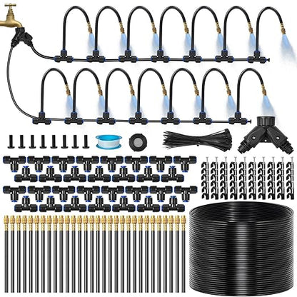 140Ft 1/4" Drip Irrigation System for Garden – 30 Adjustable Copper Nozzles, Automatic Atomizing Sprinkler System for Outdoor Plants Raised Bed, Yard, Potted Plants & Lawn