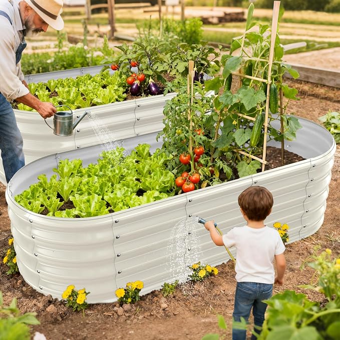 17" Tall Oval-Shaped / Elliptic Metal Raised Garden Bed Outdoor Cream White | 60X24X17 Inch,1.5 FT Tall,0.8MM Thick Galvanized Metal Painted,for Variety of Flowers,Herbs,Vegetables.with Gloves,Tool free