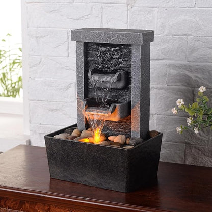 GOSSI Indoor Waterfall Fountain, 10.3" Tabletop Water Fountain with LED Lights & River Rocks, Relaxing Home Office Decor
