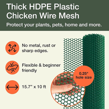 Maporch Plastic Chicken Wire Fencing for Pet Protection - 15.7" x 10ft, HDPE Hunter Green Chicken Wire - Garden Fence Animal Barrier for Dogs, Cats and Rabbits (2-Pack) | 15.7" x 10ft - HDPE Home and Garden Netting - UV Resistant - Customizable Balcony...
