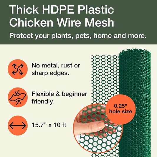Maporch Plastic Chicken Wire Fencing for Pet Protection - 15.7" x 10ft, HDPE Hunter Green Chicken Wire - Garden Fence Animal Barrier for Dogs, Cats and Rabbits (1-Pack) | 15.7" x 10ft - HDPE Home and Garden Netting - UV Resistant - Customizable Balcony...