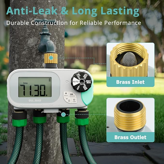 QUOBAS Sprinkler Timer for Garden Hose with Child Lock, Programmable Brass Digital Water Timer 4 Zone for Drip Irrigation, Pool, with Rain Delay/Auto/Manual, Waterproof Screen & Battery Powered