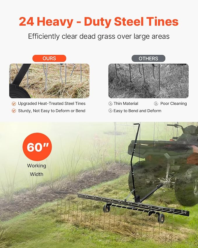 VEVOR Tow Behind Dethatcher, 60-inch Lawn Dethatcher Rake with 24 Steel Tines for ATV or Mower, Heavy Duty Q235 Steel Tow Behind Lawn Rake with Lift Handle for Farm Leaves, Pine Needles, and Grass