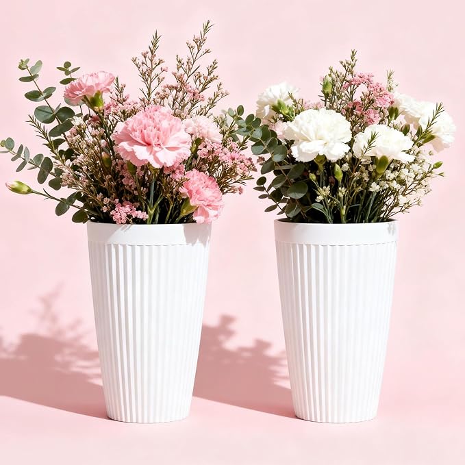 2-Pack 20" Matt White Resin Tall Planters with Fluted Texture | Set of 2 resin tall planters with ceramic look, fluted texture, drainage plugs, and UV-resistant finish for porch or patio