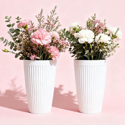 2-Pack 20" Matt White Resin Tall Planters with Fluted Texture | Set of 2 resin tall planters with ceramic look, fluted texture, drainage plugs, and UV-resistant finish for porch or patio