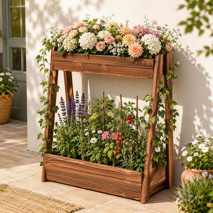 36" 2-Tier Freestanding Elevated Wooden Raised Garden Bed | Tiered fir wood planter with 23" vertical space, drainage holes, liner, and no-bend height for herbs, veggies, or flowers