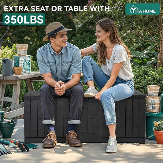 YITAHOME Large Outdoor Storage Box | 120 Gallon Waterproof Resin Deck Box with Slide-Locking Lid, Patio Storage Bin and Bench Seat for Garden Tools, Cushions &