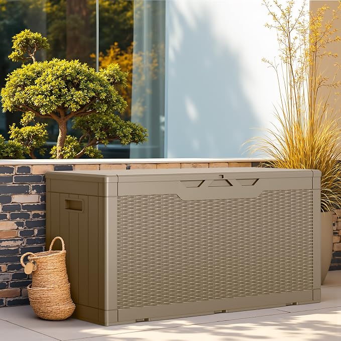 Greesum Outdoor Storage Box 100 Gallon Storage Bin with Lid for Patio Furniture, Garden Tools, Pool Supplies, Lockable, Waterproof and UV Resistant, Light Coffee