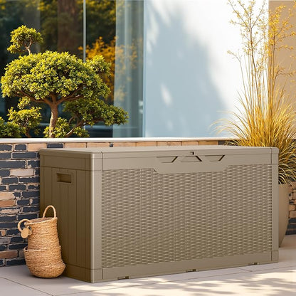 Greesum Outdoor Storage Box 100 Gallon Storage Bin with Lid for Patio Furniture, Garden Tools, Pool Supplies, Lockable, Waterproof and UV Resistant, Light Coffee