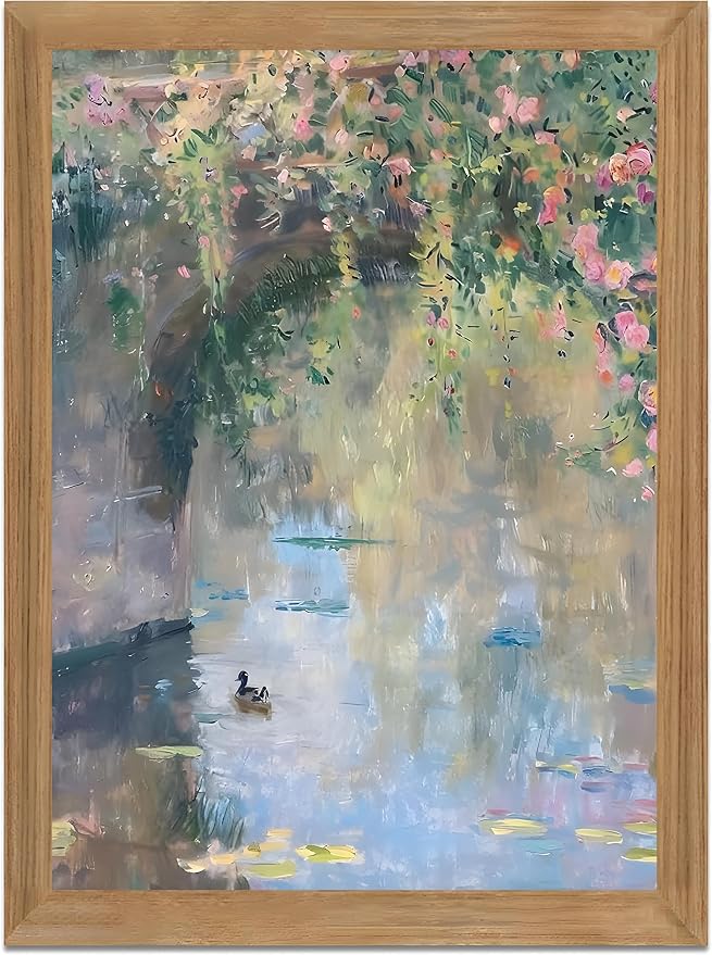 Framed Monet Wall Art, Water Lilies Pond Landscape Canvas Print, 16x24in | Vintage floral pond art in rustic wood frame for bedroom, bathroom, living room or French country decor