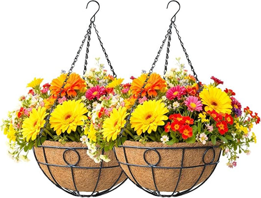 2 Pack 12 Inch Black Metal Hanging Basket Hanging Planter with Coco Coir Liner Heavy Duty Hanging Flower Pot Holder for Indoor Outdoor Patio Garden Porch Balcony Decor (Round)
