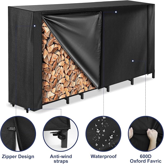 HONEST OUTFITTERS 6ft Firewood Rack Cover, Heavy Duty Waterproof 600d Oxford Outdoor Firewood Storage Cover with Zipper and Openable Front Flap, Cover Only