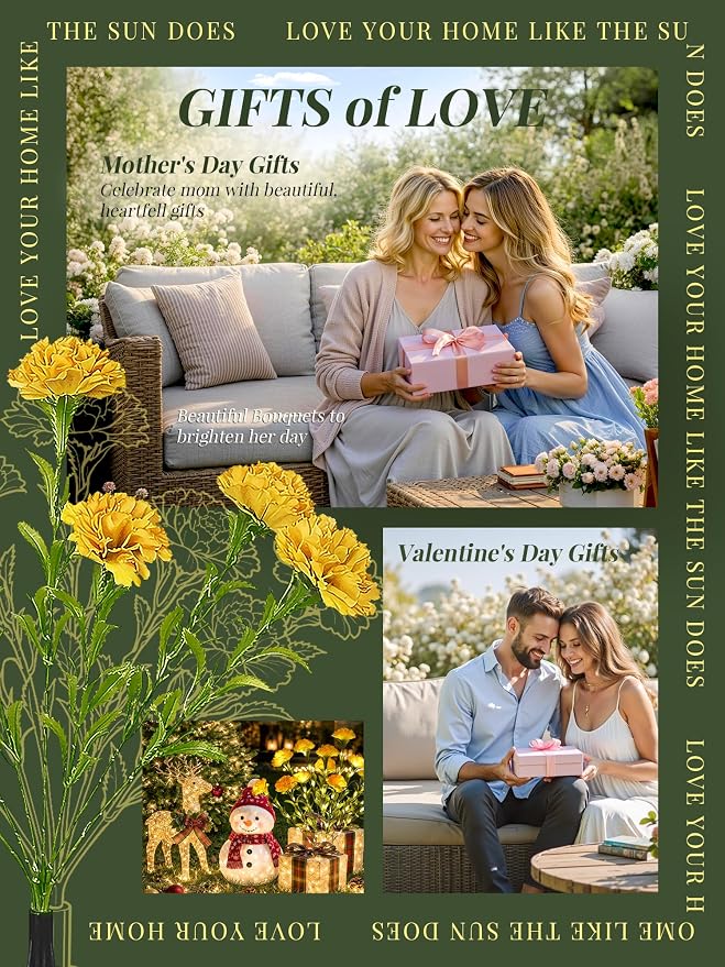 GIGALUMI Solar Lights Outdoor for Garden Decor, 2 Pack Solar Flower Lights Waterproof, 2 Lighting Modes 14 Carnations for Pathway,Yard, Patio Decoration, Gardening Gifts for Women (Yellow)