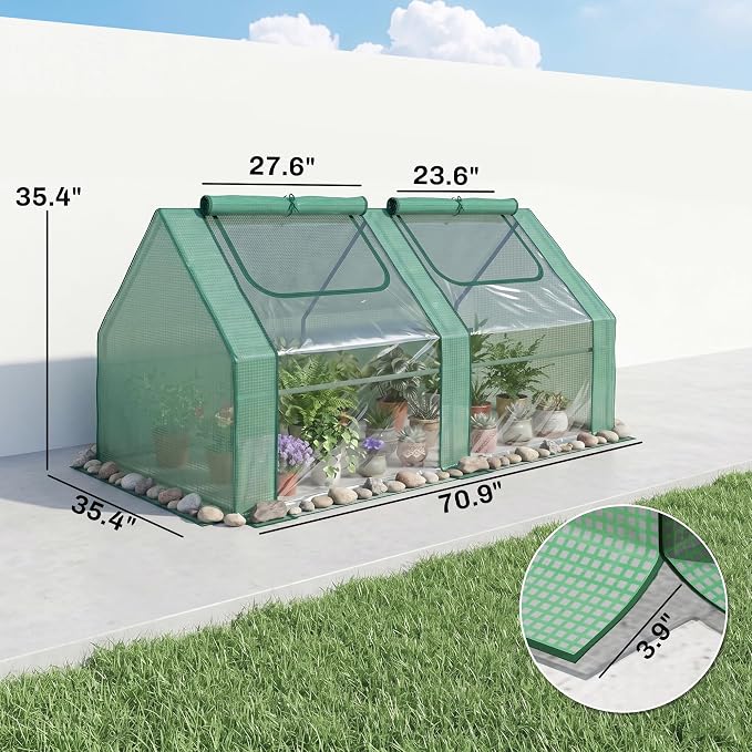 Outsunny 6' x 3' x 3' Portable Greenhouse, Garden Green House with 2 PE/Plastic Covers, Steel Frame and 2 Roll Up Windows, Green
