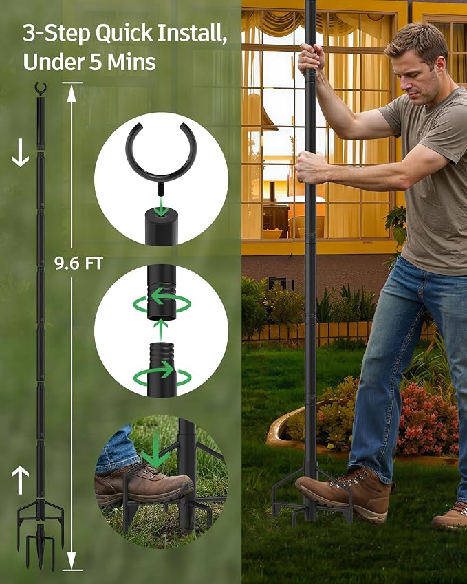 LAND·VOI String Light Poles 2 Pack, Heavy Duty Outdoor Light Poles with Upgraded 5‑Prong Base, Anti‑Bending Stable Design for Backyard Patio Garden Wedding Party Decoration