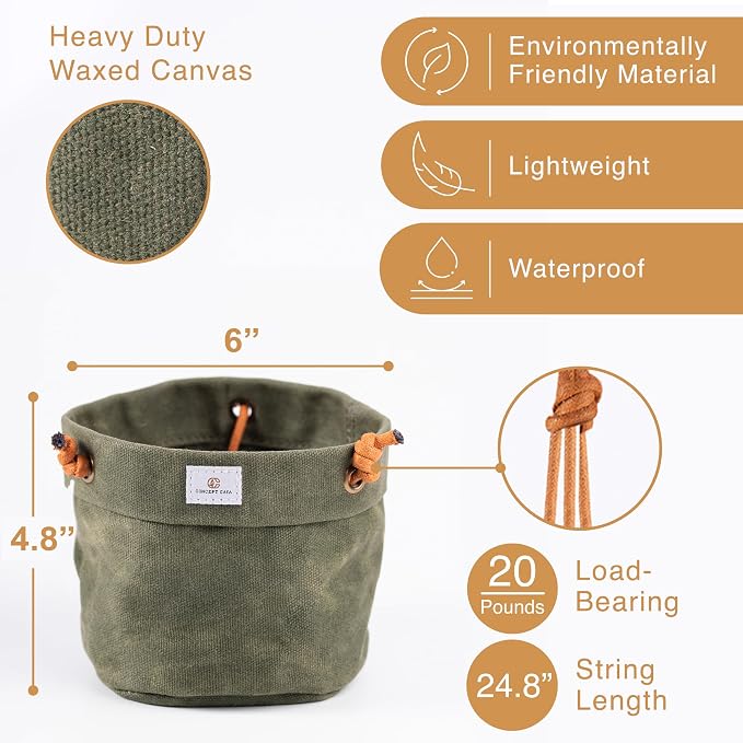 Waxed Canvas Handmade Hanging Planter for Indoor/Outdoor Plants, Hanging Basket Plant Holder Forest Green with Hook