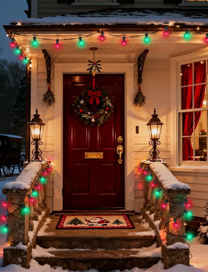 G40 LED Outdoor Christmas String Lights, 25FT Hanging Globe String Light | 25+2 Shatterproof Frosted Red Green Lights, Connectable, Waterproof Patio Lights for Balcony Pergola Decor, Green Wire