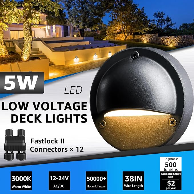 SUNVIE 5W LED Low Voltage Deck Lights with Fastlock2 Wire Connectors 12-24V AC/DC Low Voltage Landscape Lighting 3000K Warm White Step Lights Outdoor IP65 Waterproof for Deck Steps Fence Post, 12 Pack