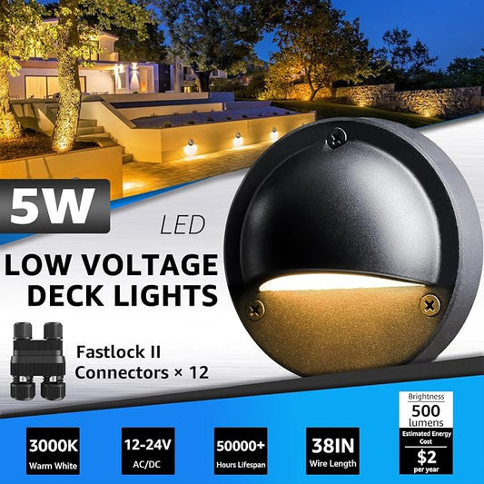 SUNVIE 5W LED Low Voltage Deck Lights with Fastlock2 Wire Connectors 12-24V AC/DC Low Voltage Landscape Lighting 3000K Warm White Step Lights Outdoor IP65 Waterproof for Deck Steps Fence Post, 12 Pack