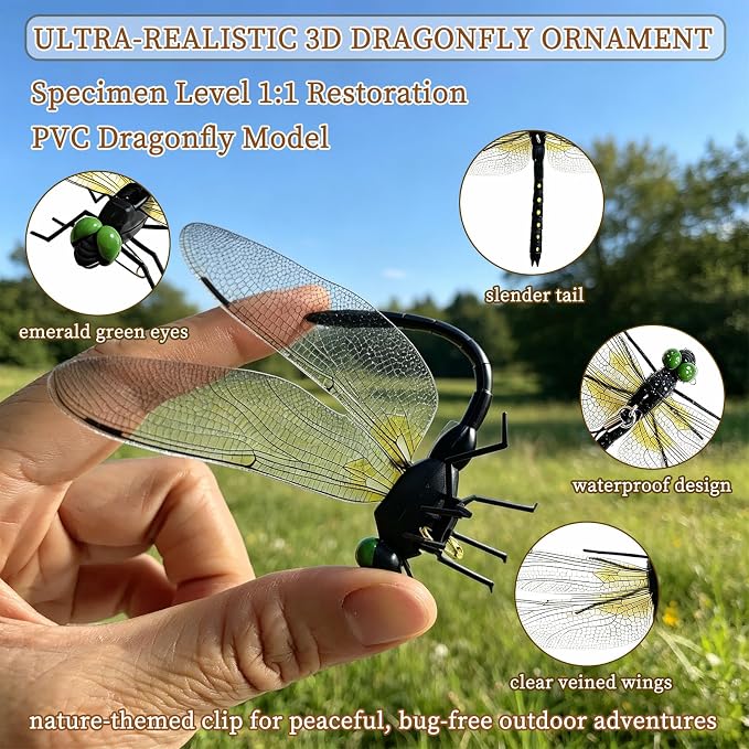3D Artificial Dragonflies, 12Pcs Vivid Fake Dragonfly Decor Lifelike Dragonfly Clips with Removable Hanging Rope & Safety Pin PVC Dragonfly Ornament Indoor Outdoor Decor for Garden Patio Yard Home