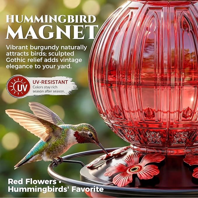 2 Pack Glass Hummingbird Feeder for Outdoors Hanging, Bird Nectar Feeder with Perch & 5 Flower Feeding Ports, 26 Oz Leak Proof for Outside Garden Decor Backyard, Gifts for Women Mom, Red + Green Blue