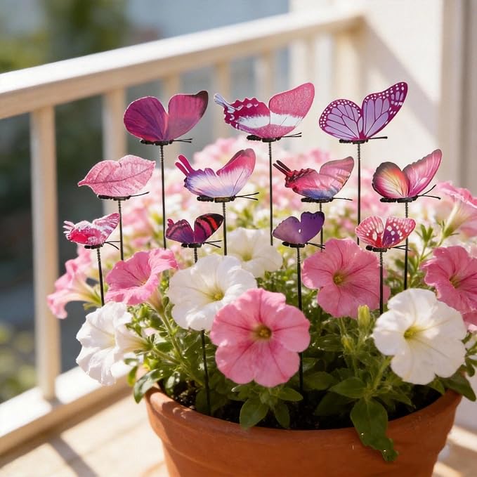 Decorative Garden Stakes, 12pcs 9.7in Purple Butterfly Vibrant Metal Sticks for Flower Beds, Yard Decor, DIY Party Ornaments - Perfect for Outdoor, Wedding & Home Tea Events