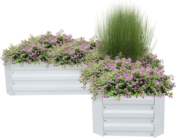 Sunnydaze Galvanized Raised Garden Bed - Outdoor Planter Box for Backyard or Patio - Steel Metal Raised Bed for Gardening Vegetables, Flowers, Herbs - 47 x 47 x 12 in - Ivory White - L-Shaped