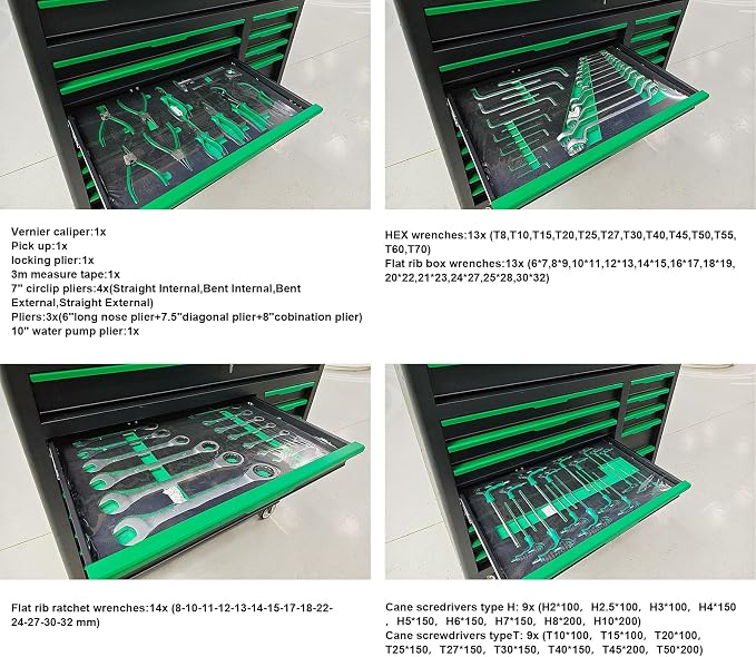 14-Drawers Rolling Tool Chest with Wood Workbench,Brake Casters,Lock & Key,Heavy-Duty Steel Tool Cabinet Storage, for Home,Garbge or Workshop Use (14 Drawer + 348 Pieces Tools)