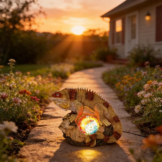 Solar Iguana Garden Statues Decor for Outdoor, Khaki Iguana Figurine Lights for Lawn Patio Yard Decoration - Unique Christmas Housewarming Gifts for Grandma Wowen Mom