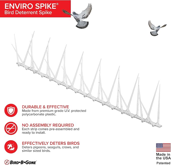 Bird B Gone - EnviroSpike Plastic Anti Bird Spikes (24' Kit) - Humane Deterrent - Stops Pigeons & Birds from Roosting - UV-Stabilized Polycarbonate - for Rooftops, Ledges, Fences, Etc - Made in USA