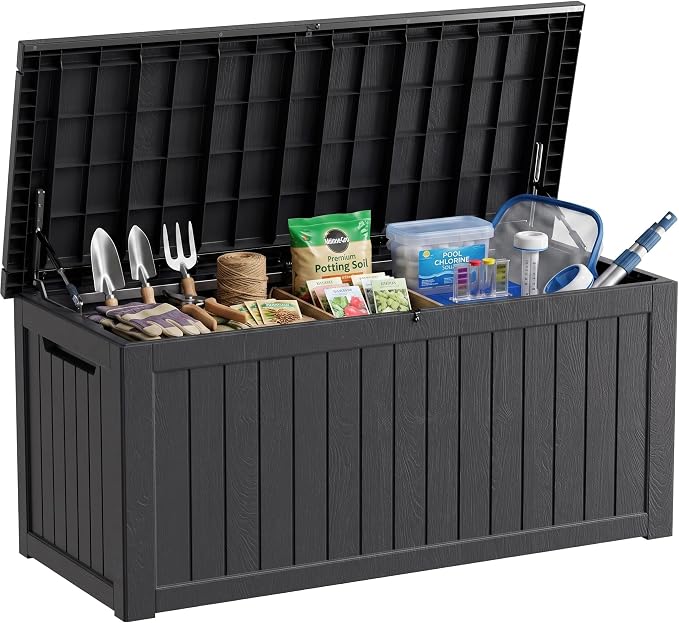 280 Gallon Outdoor Storage Box Waterproof, Lockable Resin Deck Box Large Storage Bin for Patio Furniture Cushion, Garden Tools, Pool Accessories, UV-Resistant, Black