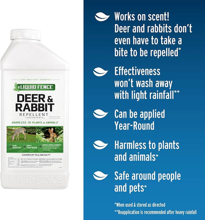 Liquid Fence Deer And Rabbit Repellent Concentrate 40 Ounces, Apply Year-Round